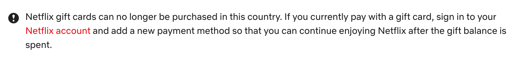 Оповещение на сайте Netflix о том, что подарочные карты действуют не во всех регионах